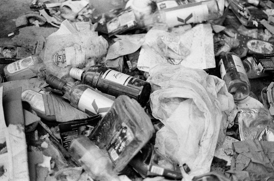 A close-up view of a large pile of crumpled aluminum cans and crushed beverage containers in various colours, including silver, gold, red, blue, and black. The cans show visible pull tabs, branding, a